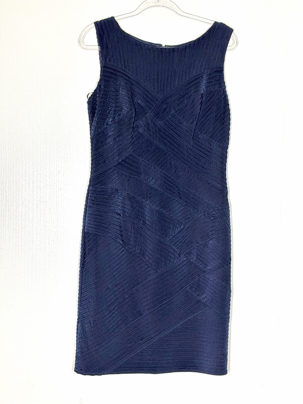 Tadashi Shoji Sleeveless Navy Pintuck pleat Sheath Dress in navy blue